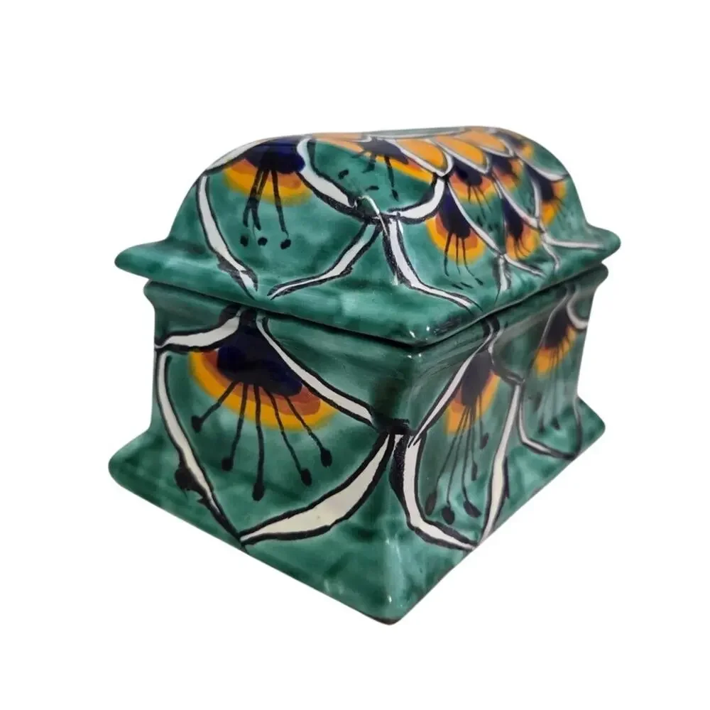 Mexico Pottery Trinket Box Hand Painted Green Yellow Treasure Chest Lidded